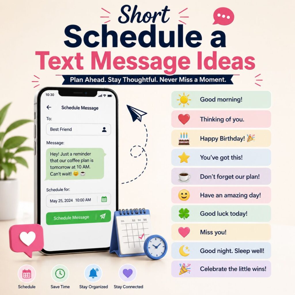 Short schedule a text message ideas with smartphone, calendar, and quick message examples for timely communication