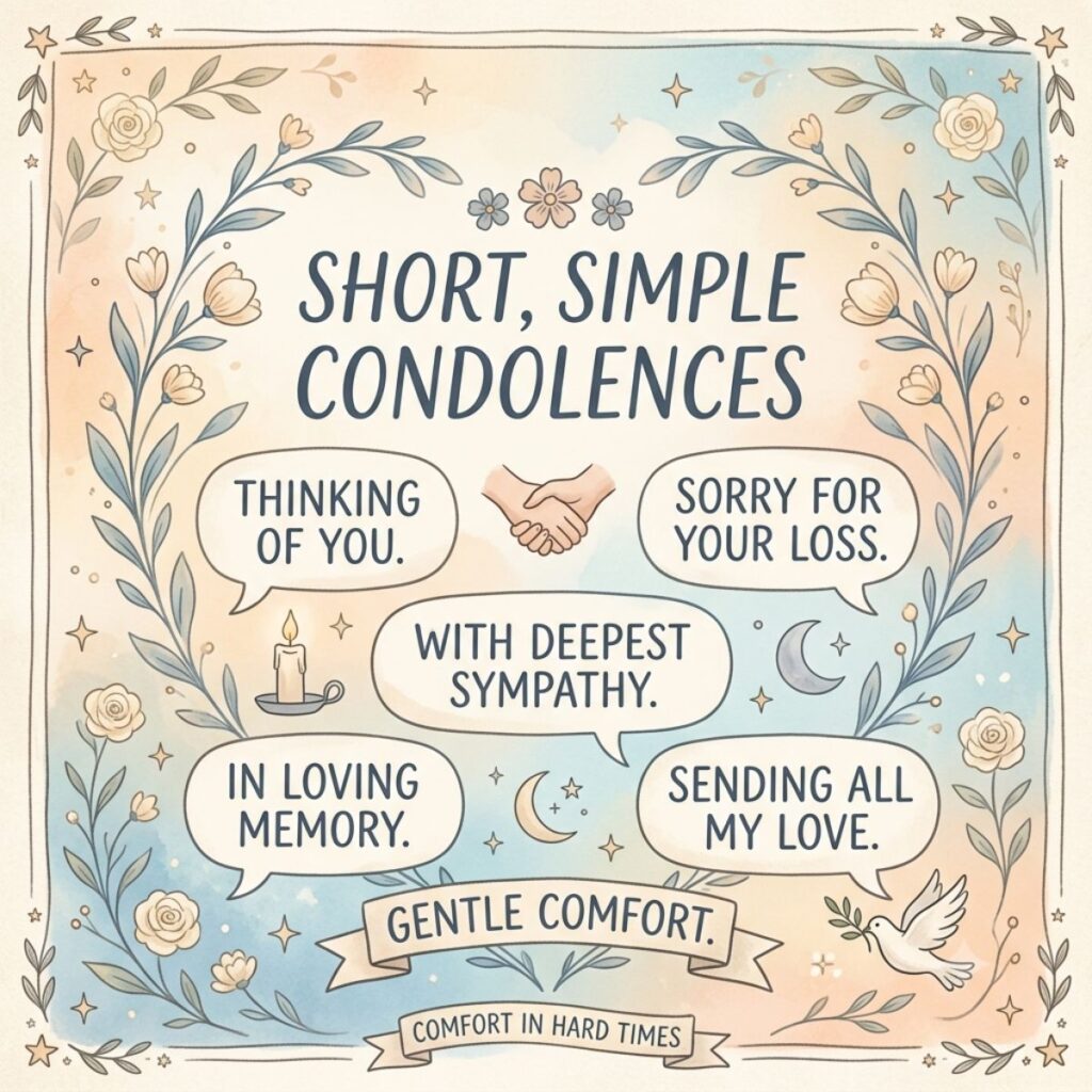 Short simple condolences messages infographic with floral border, sympathy quotes, dove, candle, and comforting illustrations.