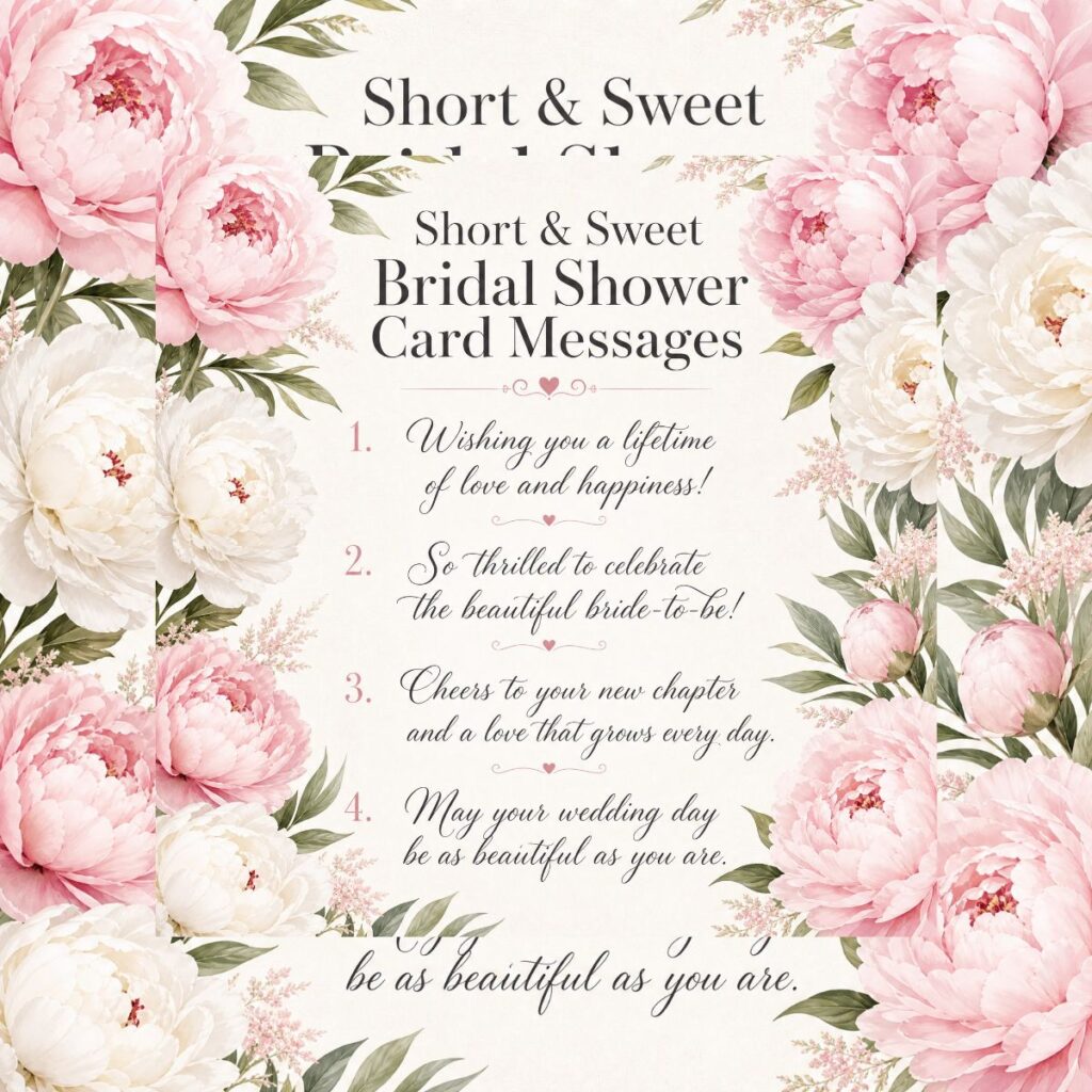 Short and sweet bridal shower card messages on an elegant floral background with pink peonies.
