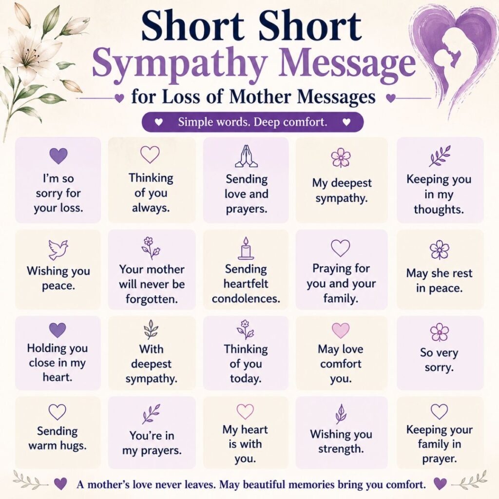 Short sympathy message for loss of mother with heartfelt condolence quotes and comforting floral design