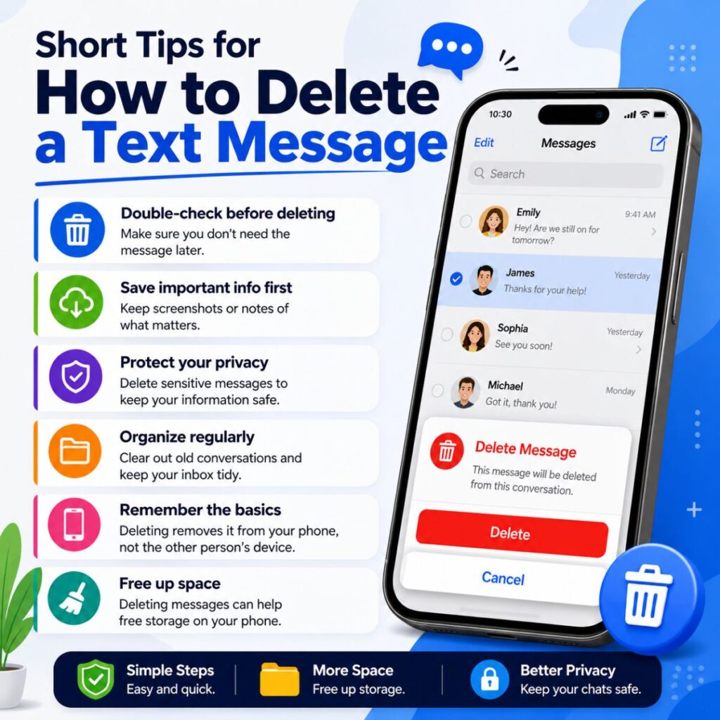 Short tips for how to delete a text message safely on iPhone with privacy, storage, and message management advice