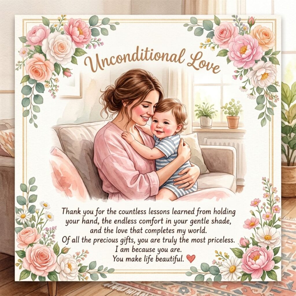 Watercolor illustration of a mother hugging her toddler with floral borders and a touching Mother's Day quote.
