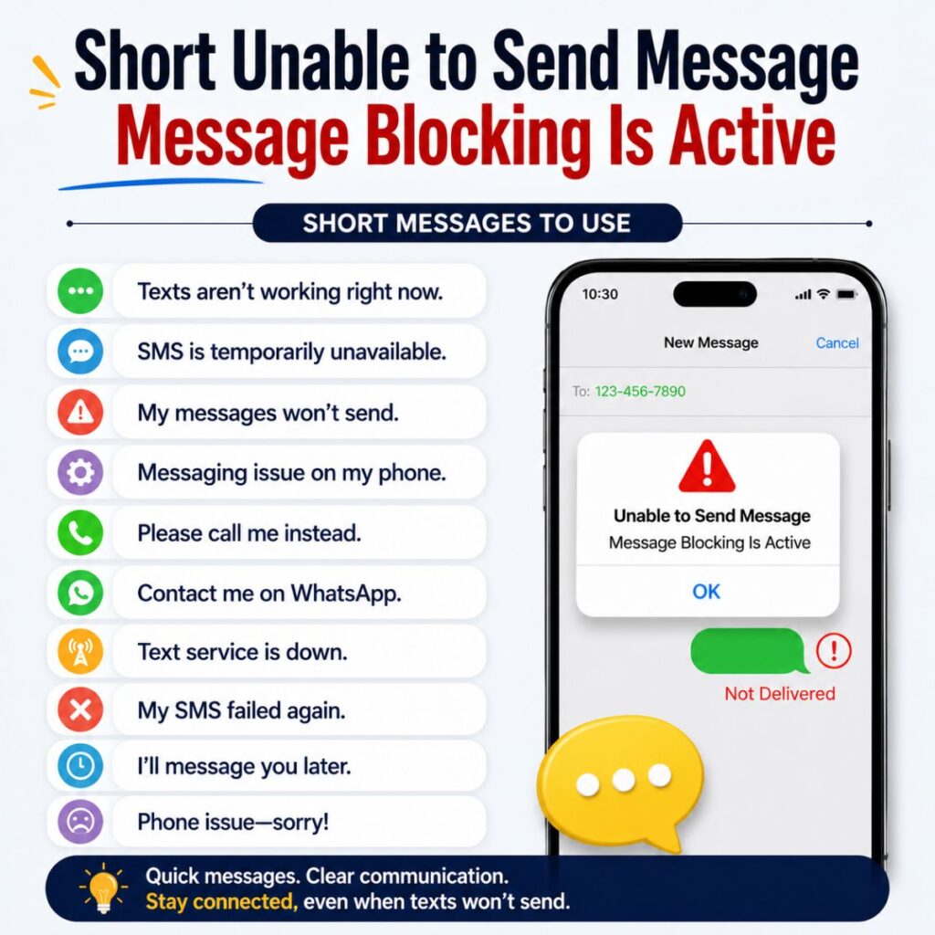 Short unable to send message message blocking is active messages with SMS error tips and smartphone illustration