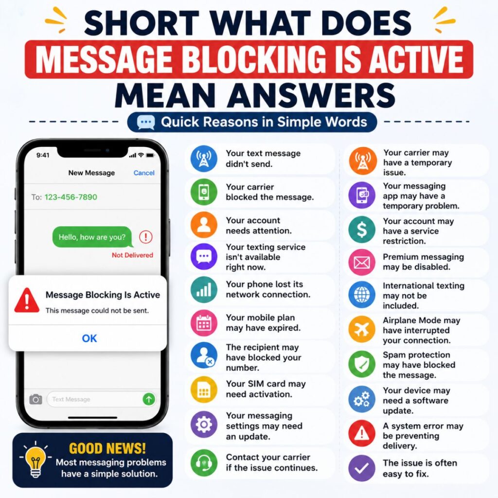 Short what does Message Blocking Is Active mean answers infographic with common causes and quick SMS troubleshooting tips