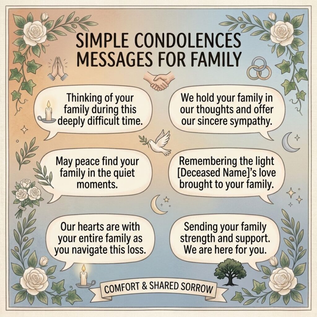 Simple condolences messages for family infographic with heartfelt sympathy quotes, floral border, candle, and dove.