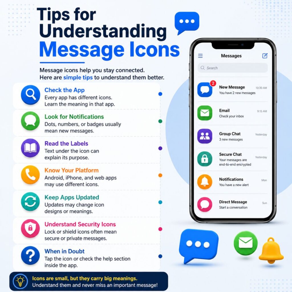 Tips for understanding message icons infographic with smartphone, messaging symbols, and notification icon guide