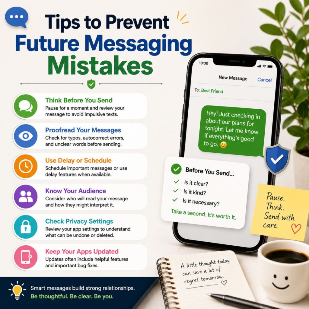 Tips to prevent future messaging mistakes with smartphone, message checklist, and safe texting best practices