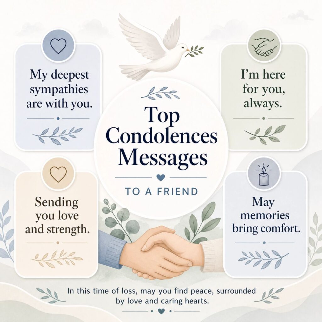 Infographic of top condolence messages for a friend featuring sympathy quotes and comforting illustrations.