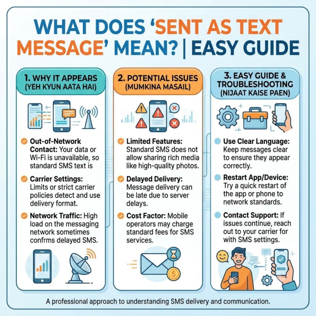 Infographic guide explaining why sent as text message appears, potential issues, and easy troubleshooting steps.