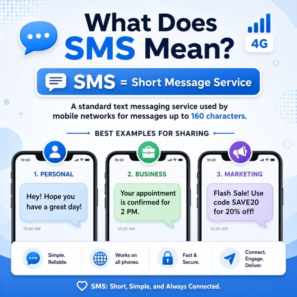  Infographic explaining SMS meaning with examples of personal, business, and marketing text messages on phone screens.