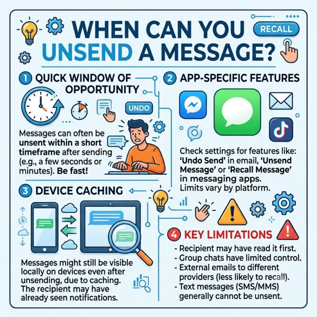 Infographic explaining rules and time limits to unsend or recall messages across chat apps and email.