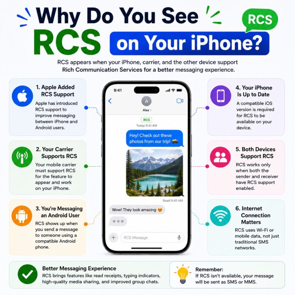 Why do you see RCS on your iPhone infographic explaining RCS support, carrier compatibility, and messaging features