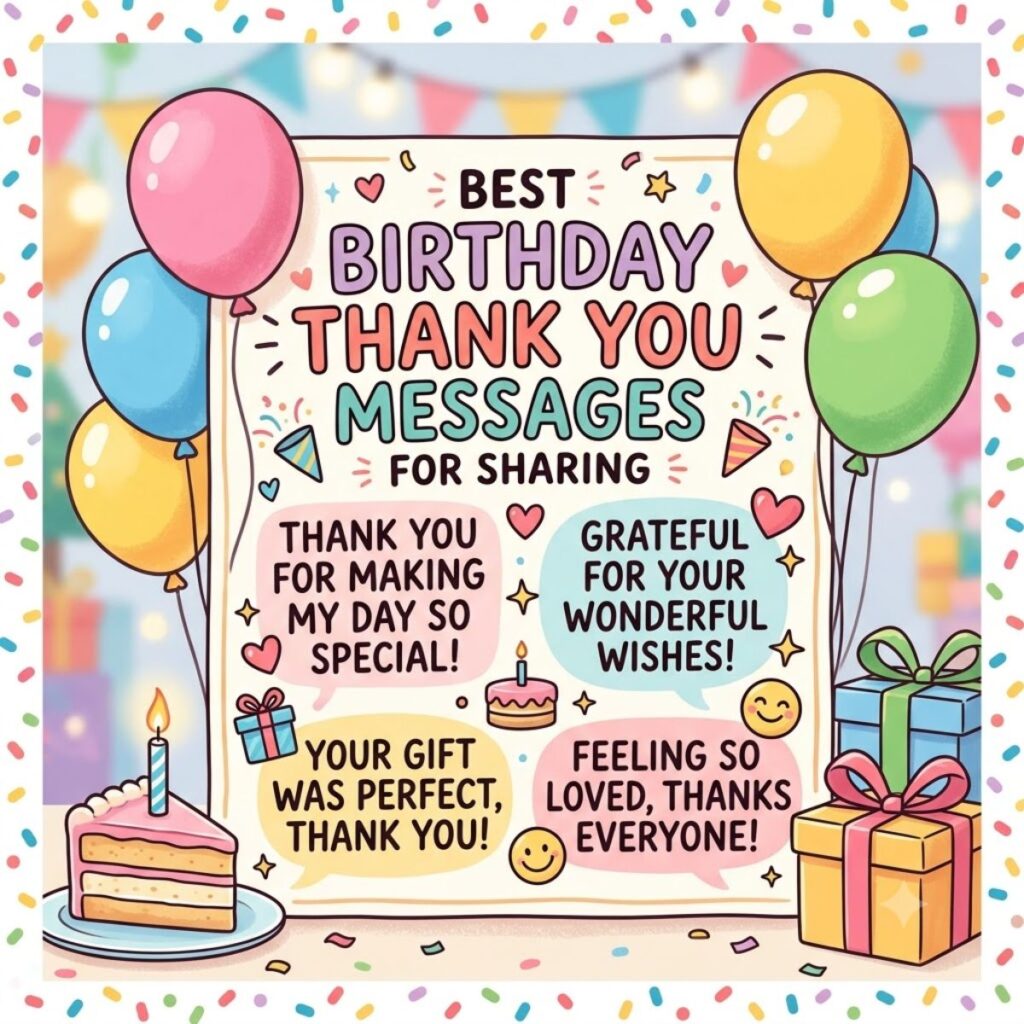 Best birthday thank you messages post with balloons gifts and cake for social media sharing.