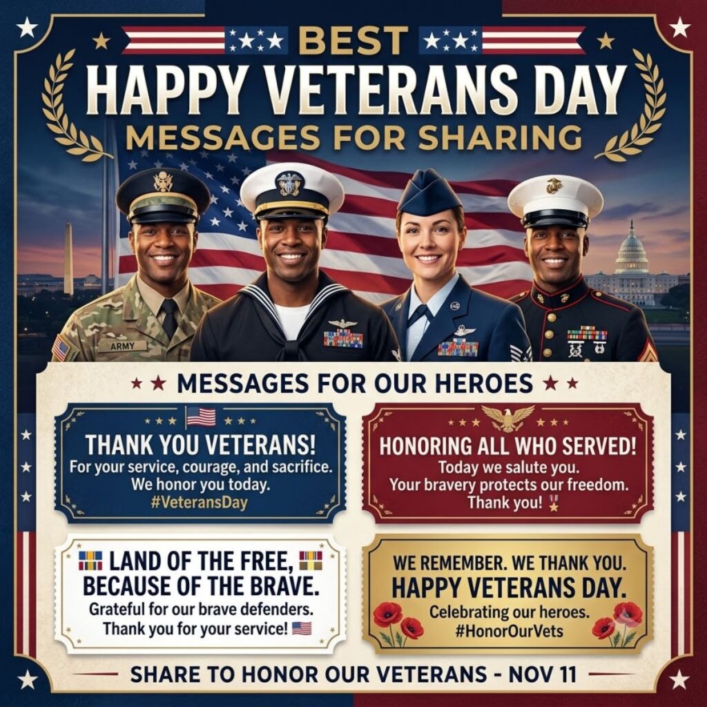 Graphic featuring military veterans, US flag, and patriotic messages honoring service members for Veterans Day.