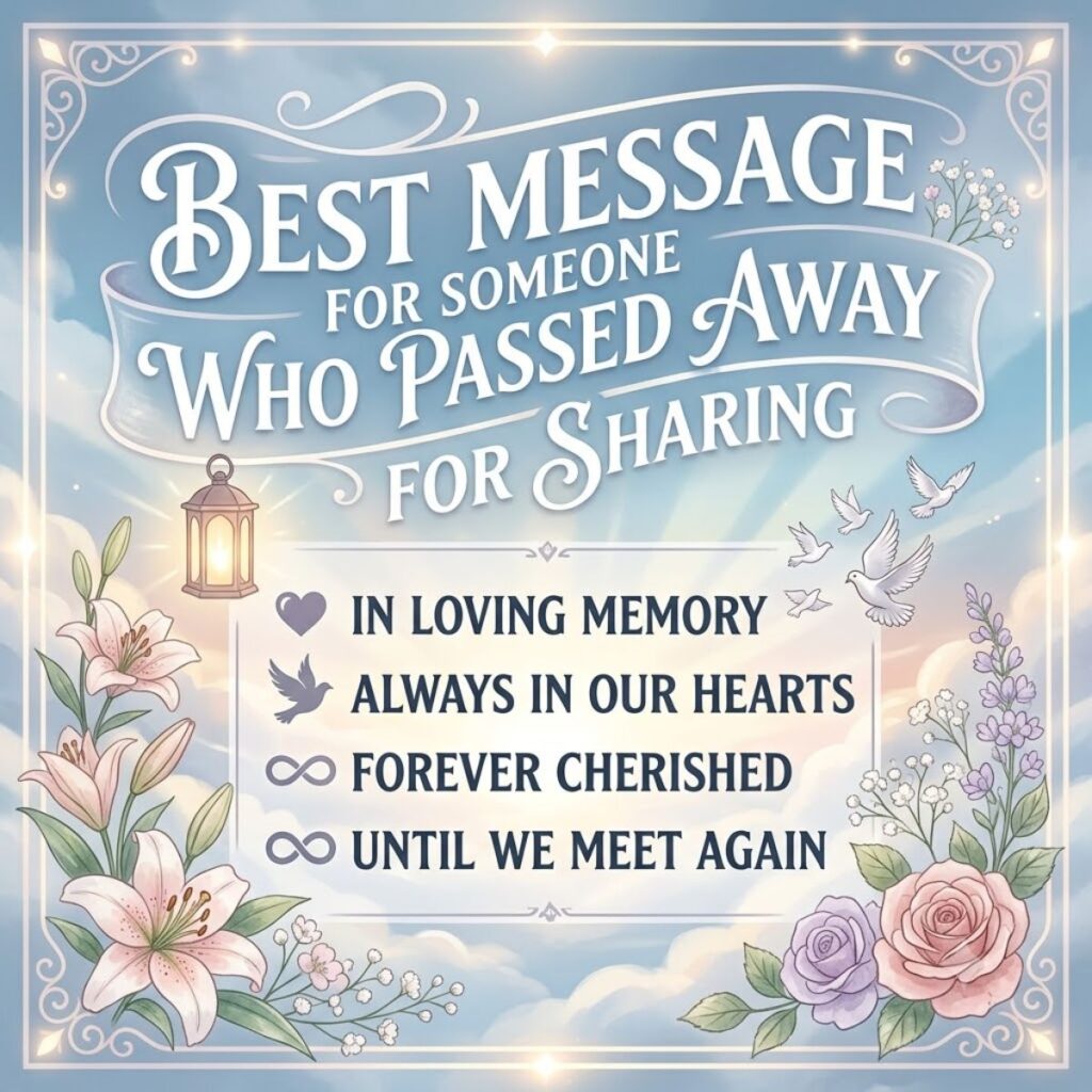 Memorial card graphic with comforting messages for someone who passed away, featuring white lilies and gentle doves.