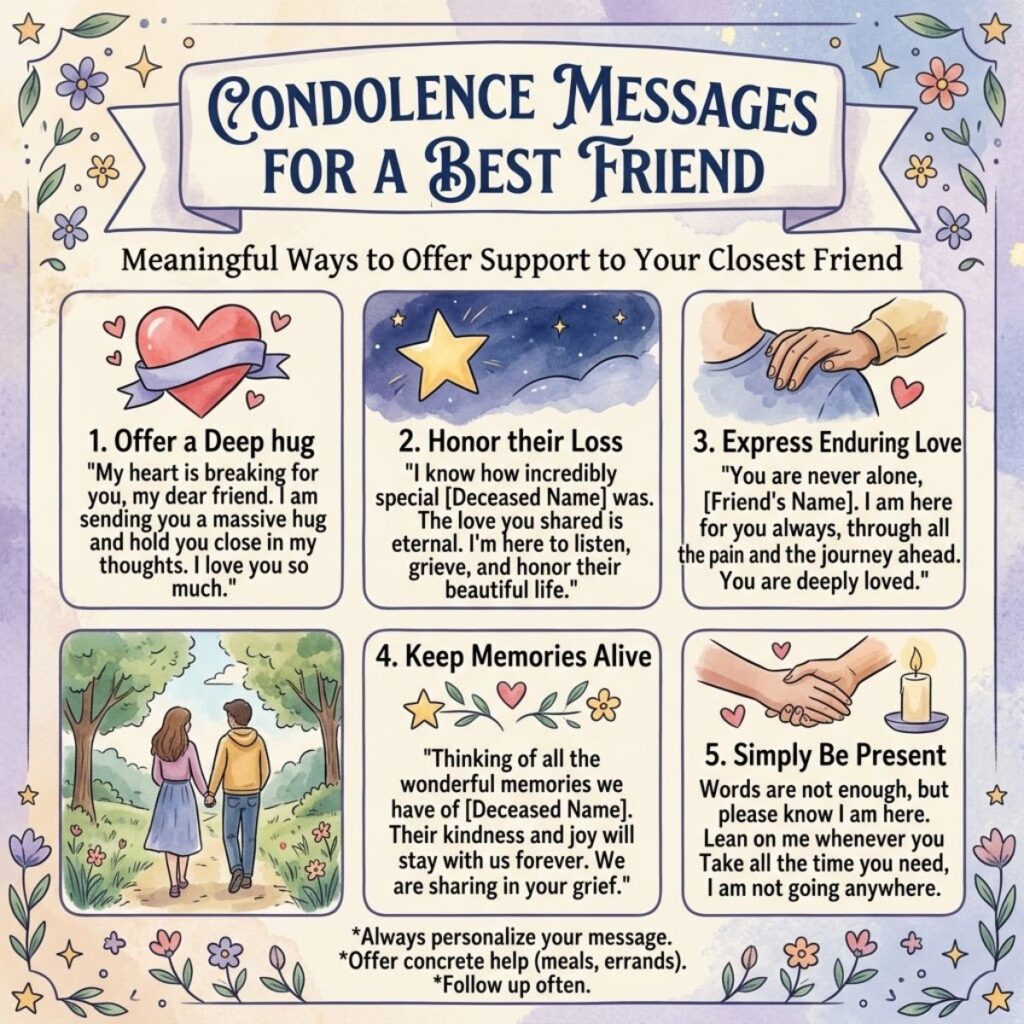 Illustrated guide showing heartfelt condolence message examples and ways to support a grieving best friend.
