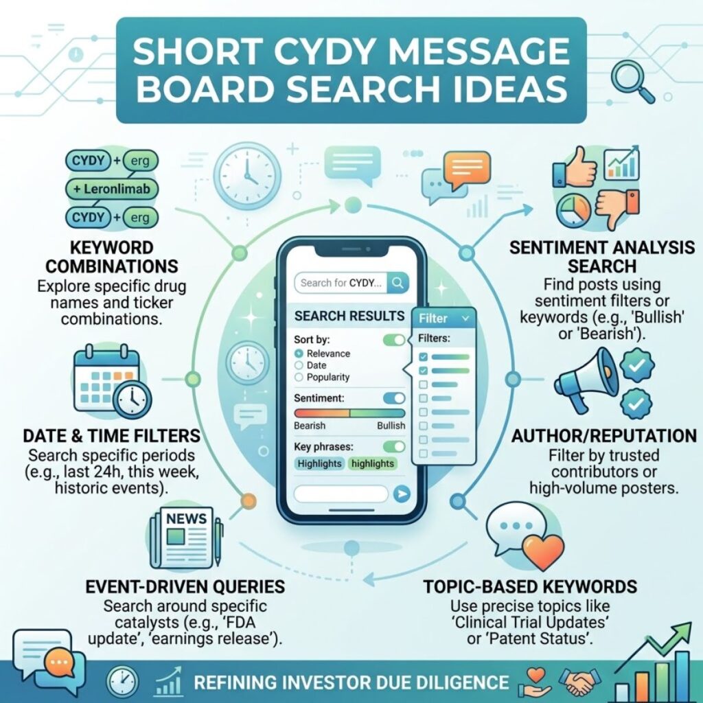 Infographic displaying search ideas and strategy tips for navigating the CYDY stock message board effectively.
