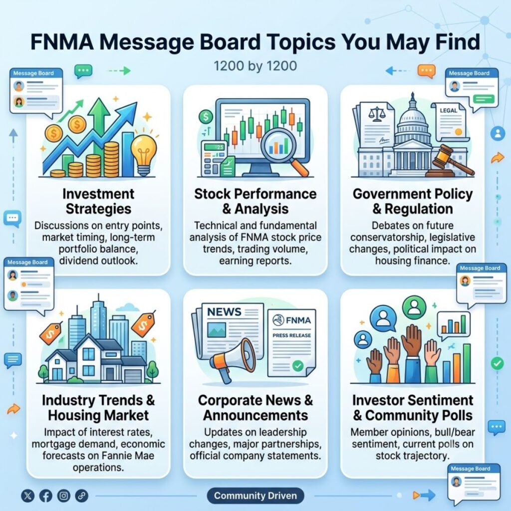 Infographic displaying popular Fannie Mae message board topics like stock performance, policy, and market trends.