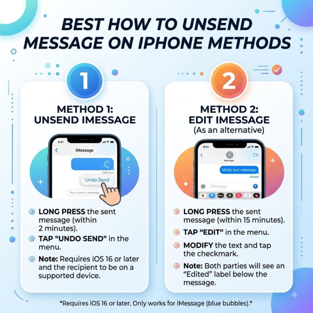Best how to unsend message on iPhone guide showing Undo Send and Edit iMessage steps in a 1200x1200 layout.
