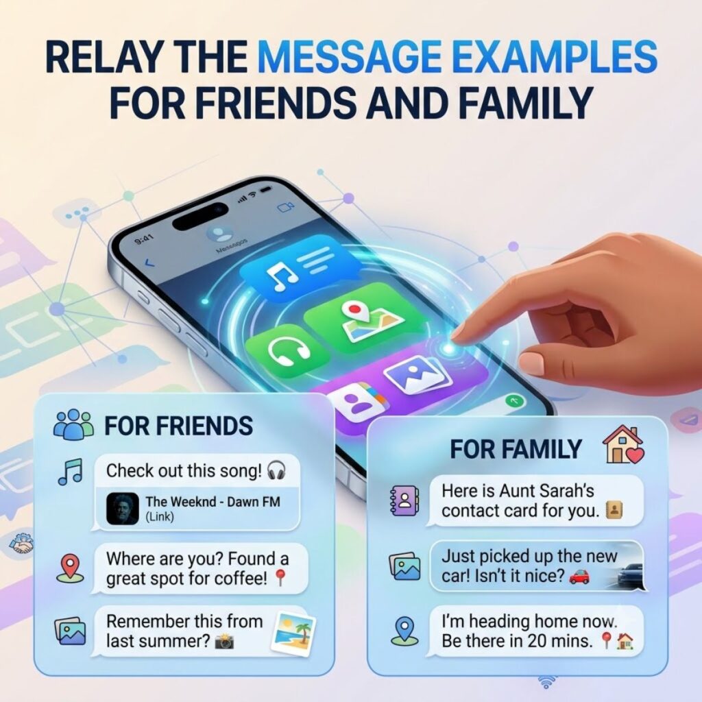 Graphic showing iPhone message examples for friends and family including song links, locations, and photos.