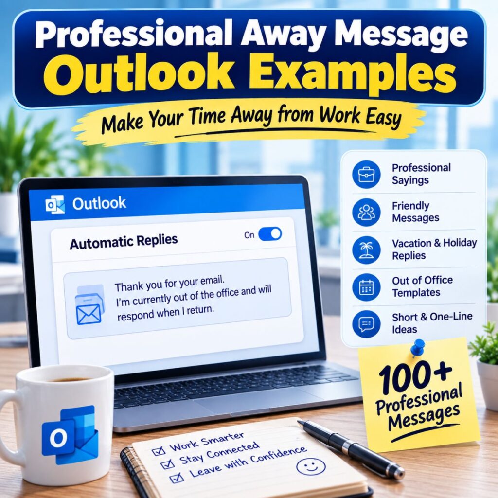 Professional away message Outlook examples with 100+ automatic reply ideas