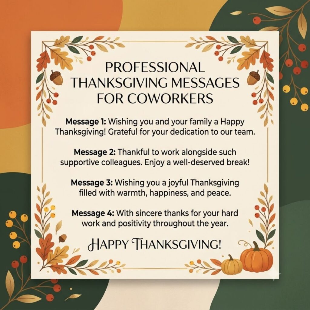 Professional Thanksgiving messages for coworkers on a autumn leaf background graphic.