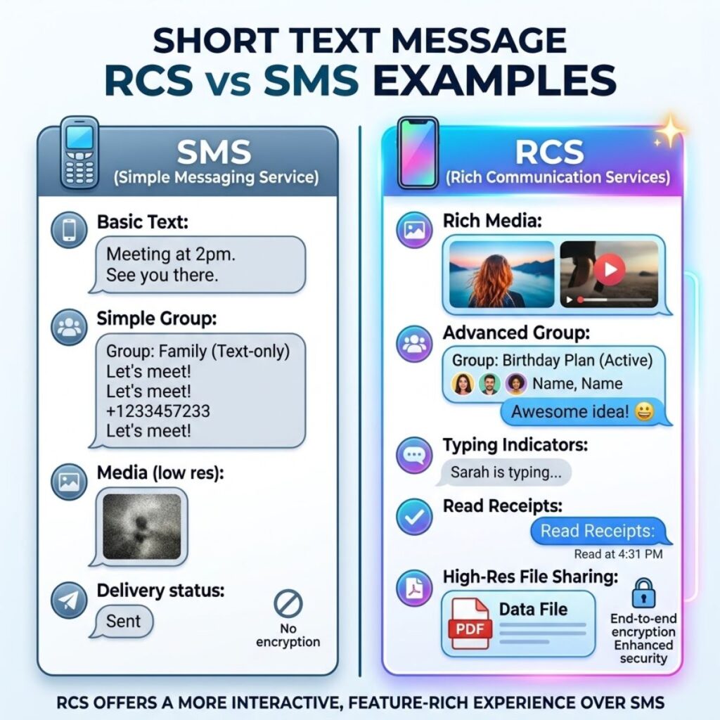 Infographic comparing SMS vs RCS short text message features like media, read receipts, and encryption.