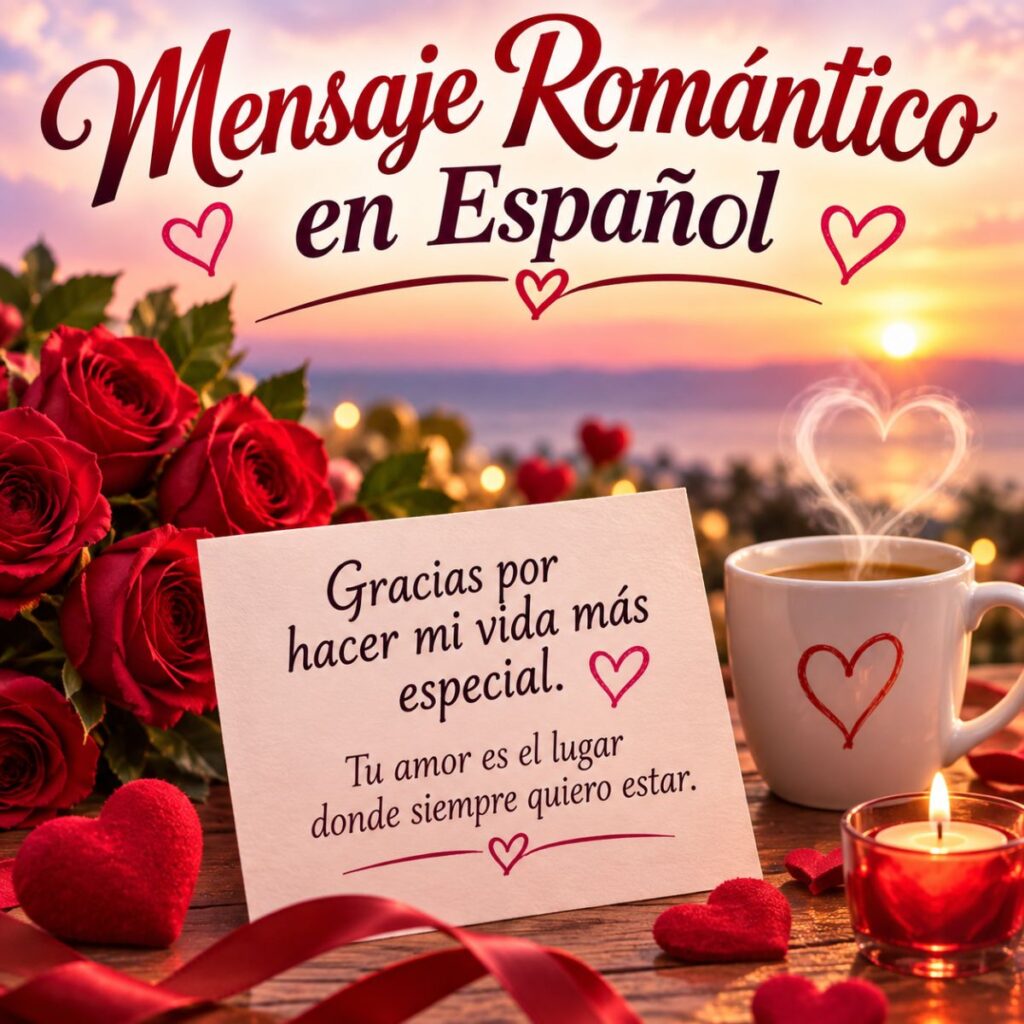 Romantic message in Spanish with red roses, hearts, candles, and a sunset background