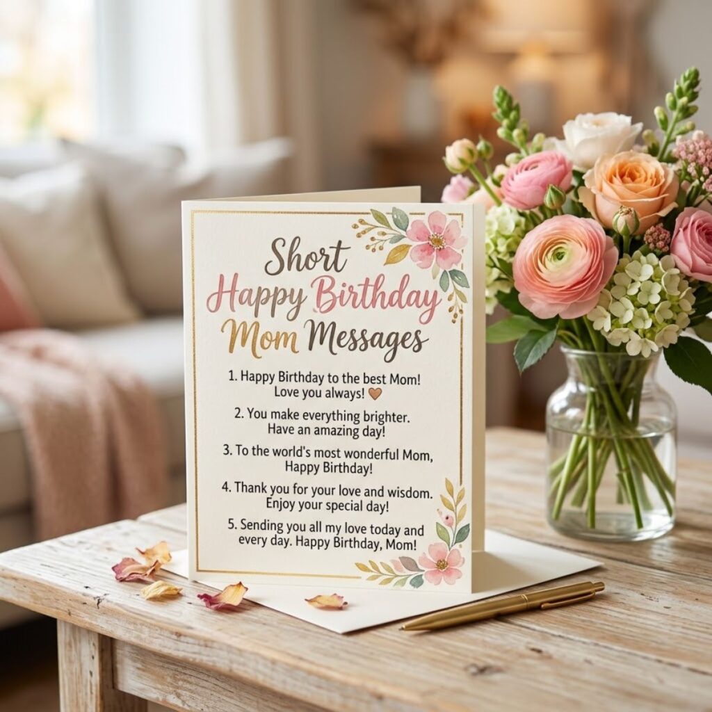 Birthday card for mom with short wish ideas next to a fresh bouquet of pink and white flowers.