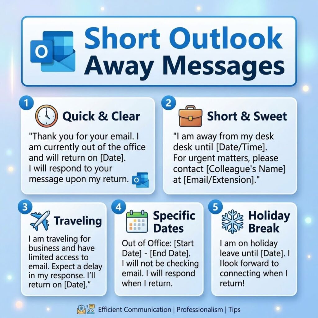 Infographic displaying five short Outlook out-of-office away message templates for work and travel.