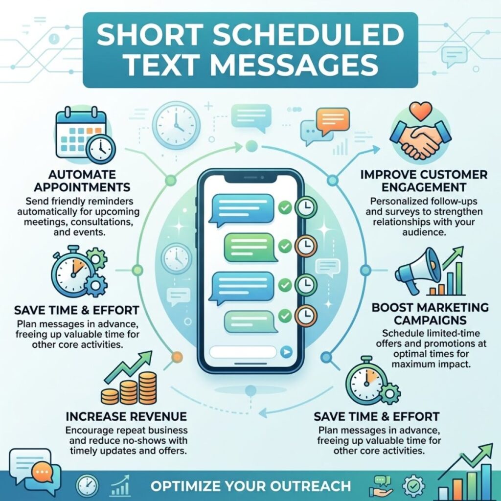 SEO-friendly graphic showcasing short scheduled text messages features for outreach and automated reminders