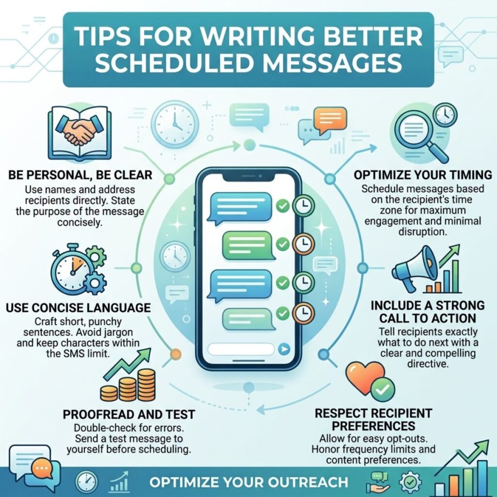 Infographic detailing key tips for writing better scheduled text messages to improve engagement and communication.