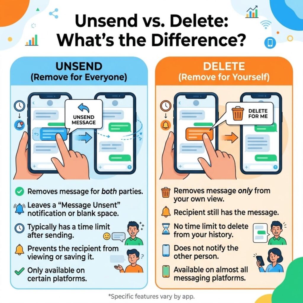 Infographic showing difference between Unsend and Delete on messaging apps.