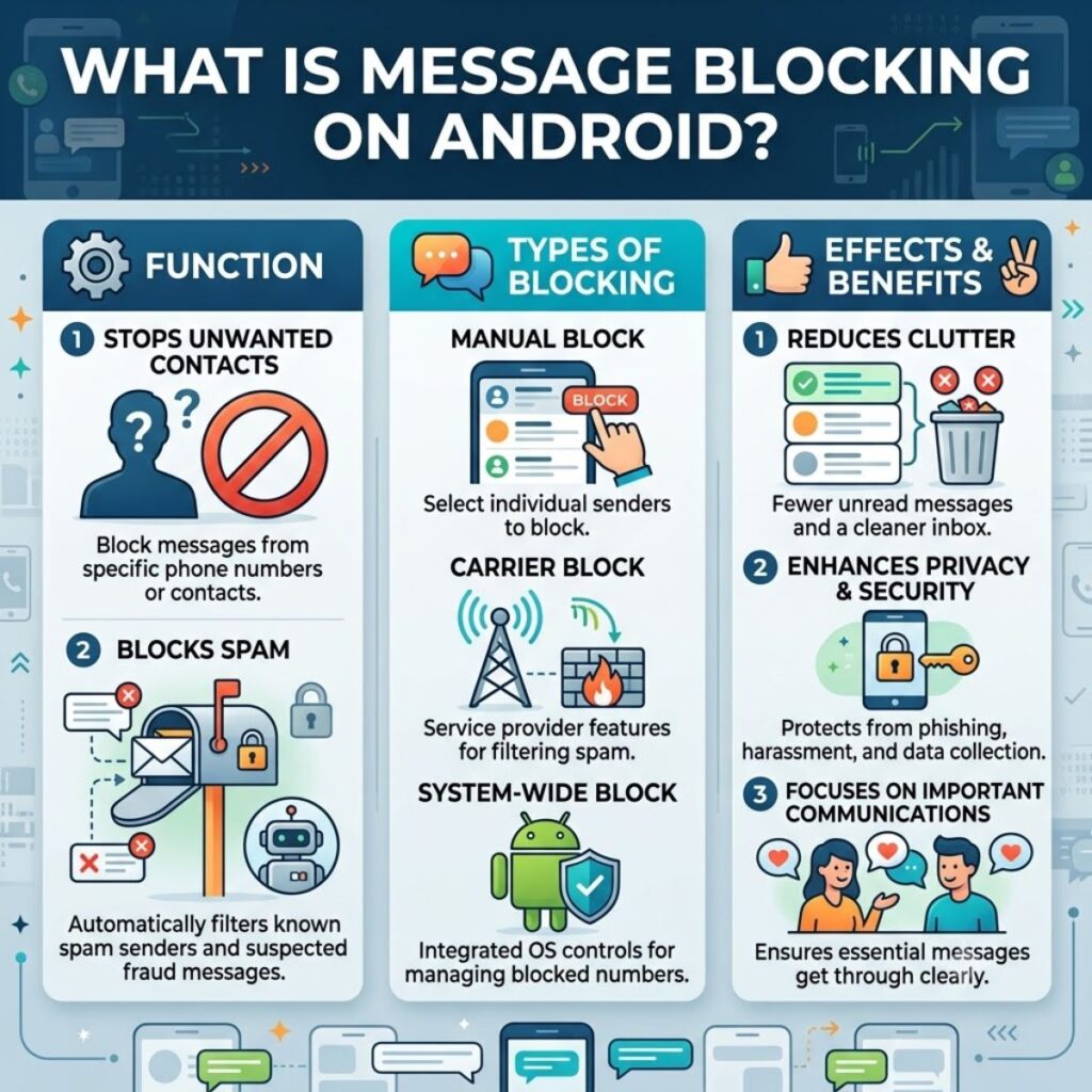 Infographic detailing Android message blocking functions, types of blocks, and security benefits for users.