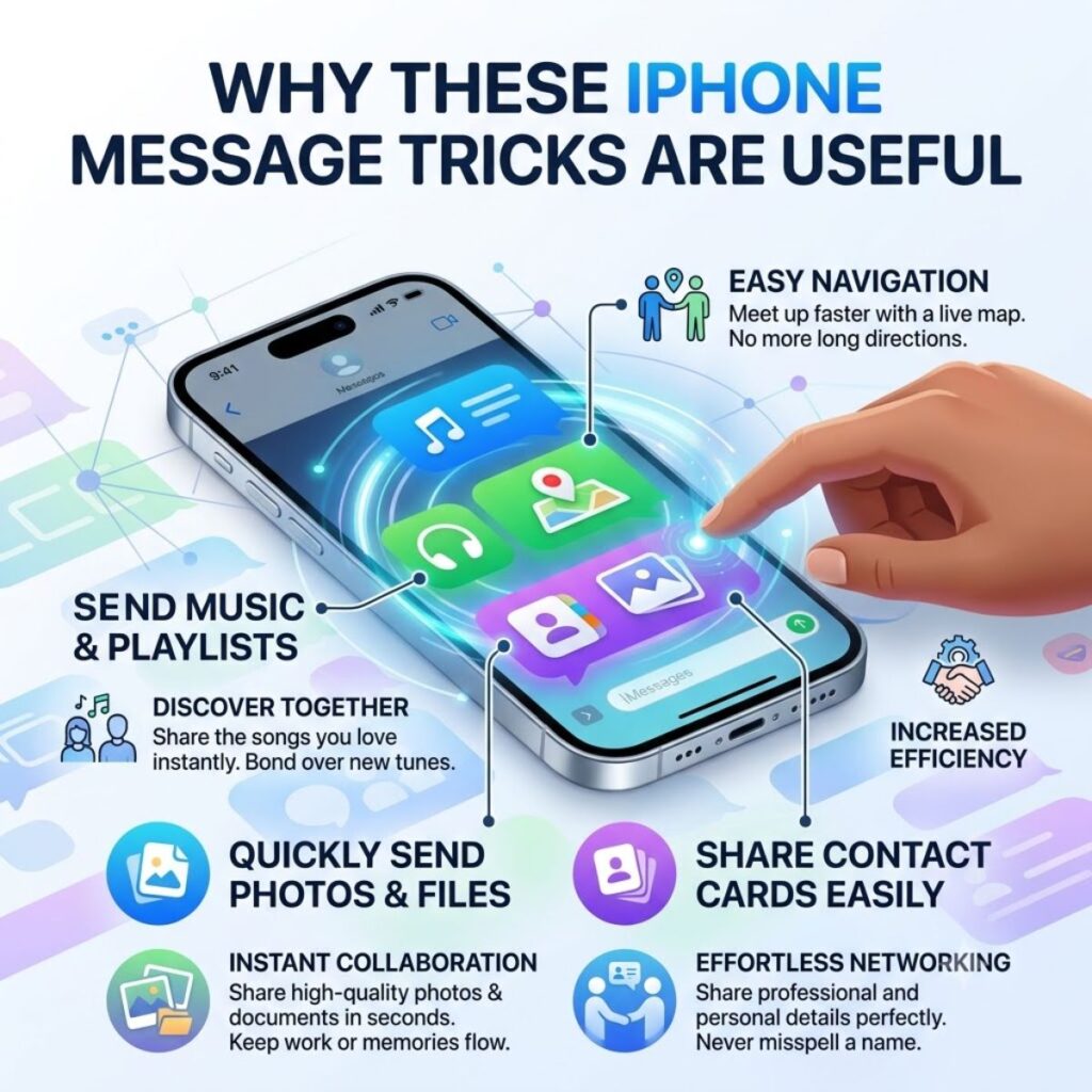 Infographic explaining why iPhone message tricks improve navigation, music sharing, file transfers, and networking.