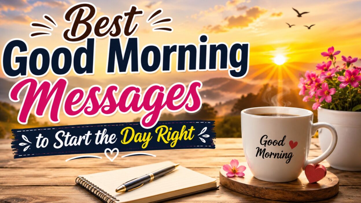 Best good morning messages graphic with sunrise, coffee mug, flowers, and motivational morning quote