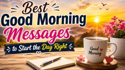 Best good morning messages graphic with sunrise, coffee mug, flowers, and motivational morning quote