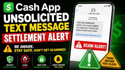 Cash App unsolicited text message settlement alert warning users about scam texts and suspicious payment