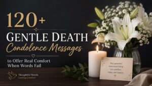 Gentle death condolence messages image with white lilies, candlelight, and comforting sympathy words