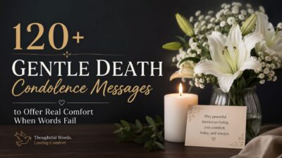 Gentle death condolence messages image with white lilies, candlelight, and comforting sympathy words
