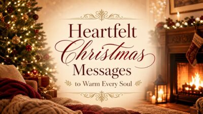 Cozy Christmas living room with a glowing tree, fireplace, and heartfelt holiday message text overlay.