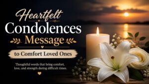 Heartfelt condolences message with candle, white lily flowers, and sunset background symbolizing peace and comfort