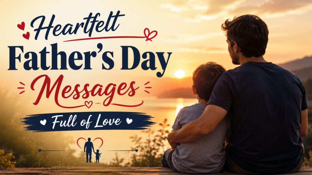 Father and son watching sunset with heartfelt Father’s Day messages and loving family theme