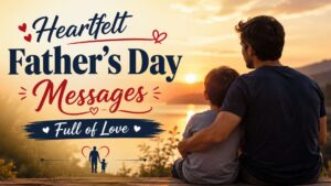 Father and son watching sunset with heartfelt Father’s Day messages and loving family theme