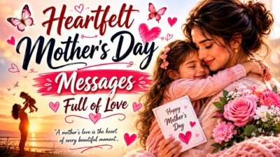 Mother and daughter hugging with a Mother's Day card and "Heartfelt Mother's Day Messages" text overlay.