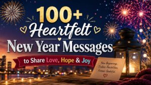 Heartfelt New Year messages banner with fireworks, lantern lights, and festive city skyline background