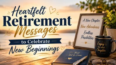 Heartfelt retirement messages banner with sunset view, journal, coffee mug, and inspiring retirement wishes