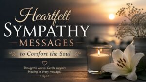 Heartfelt sympathy message design with candle, white lily, and sunset background symbolizing comfort and peace