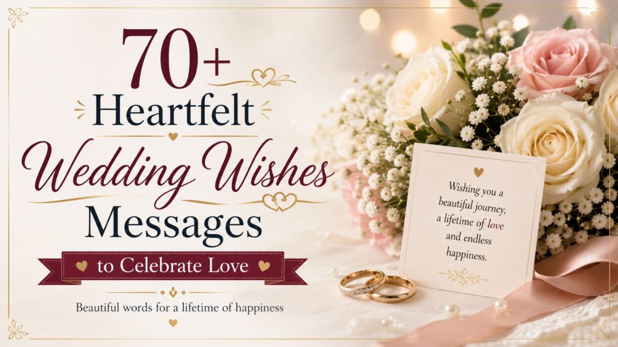 Heartfelt wedding wishes image with roses, wedding rings, and romantic love message banner
