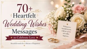 Heartfelt wedding wishes image with roses, wedding rings, and romantic love message banner